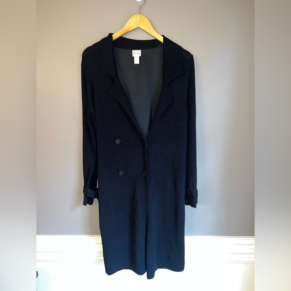 Chico's Elegant Black long cardigan with satin back